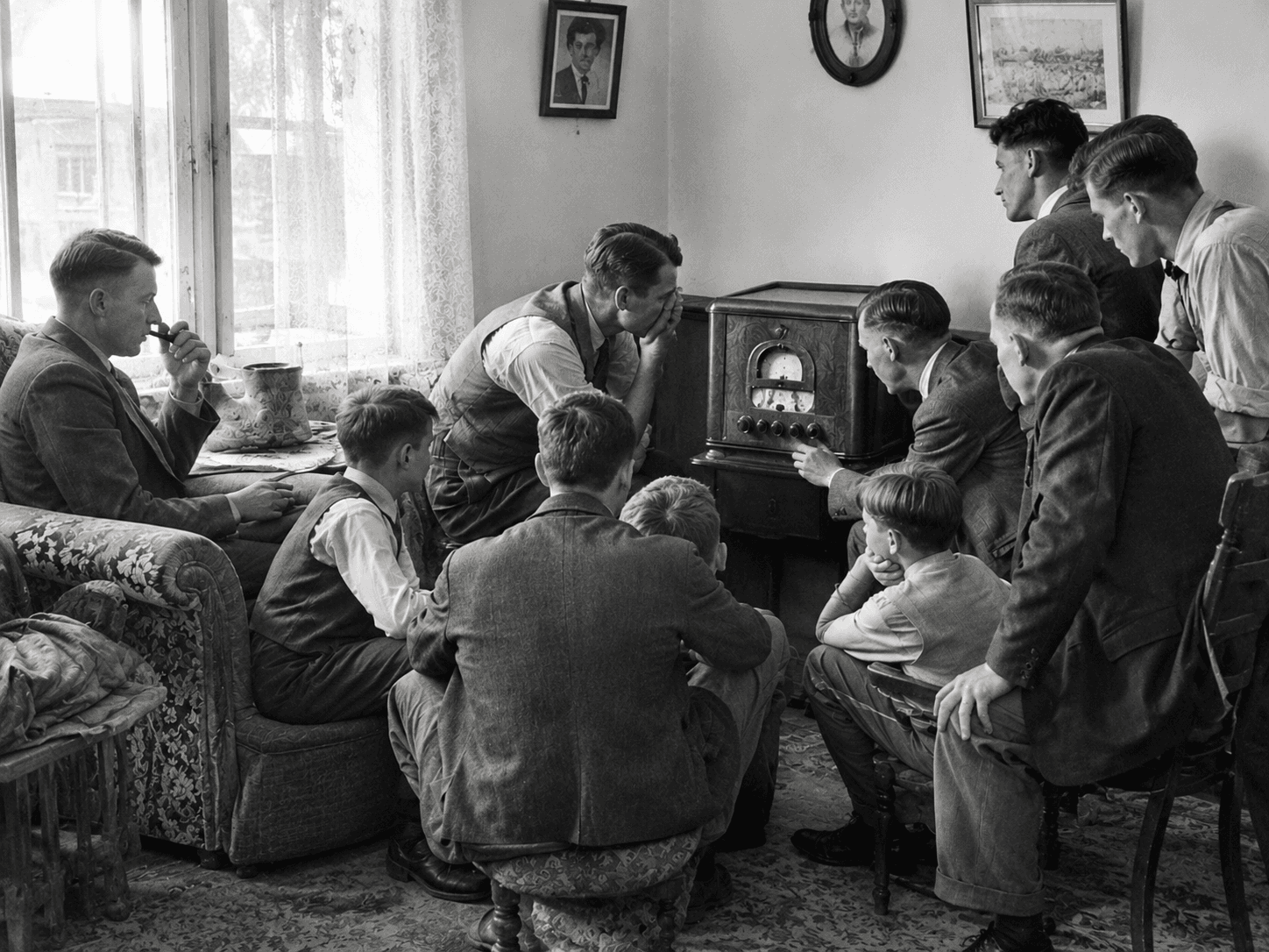 Fotografía vintage de personas escuchando la radio