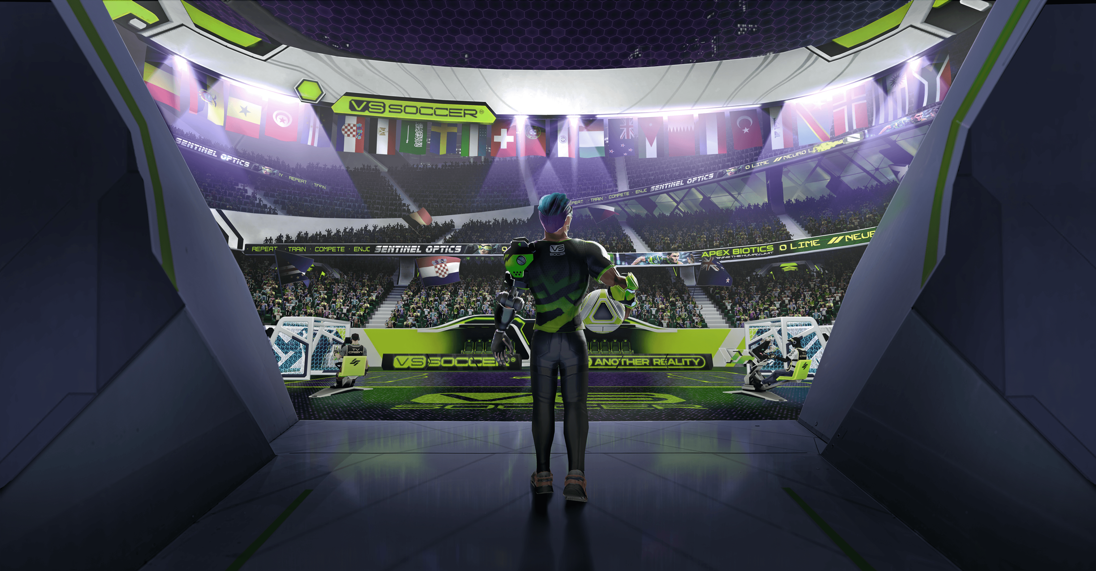 Jugador con gafas VR dentro de un estadio de VSSoccer