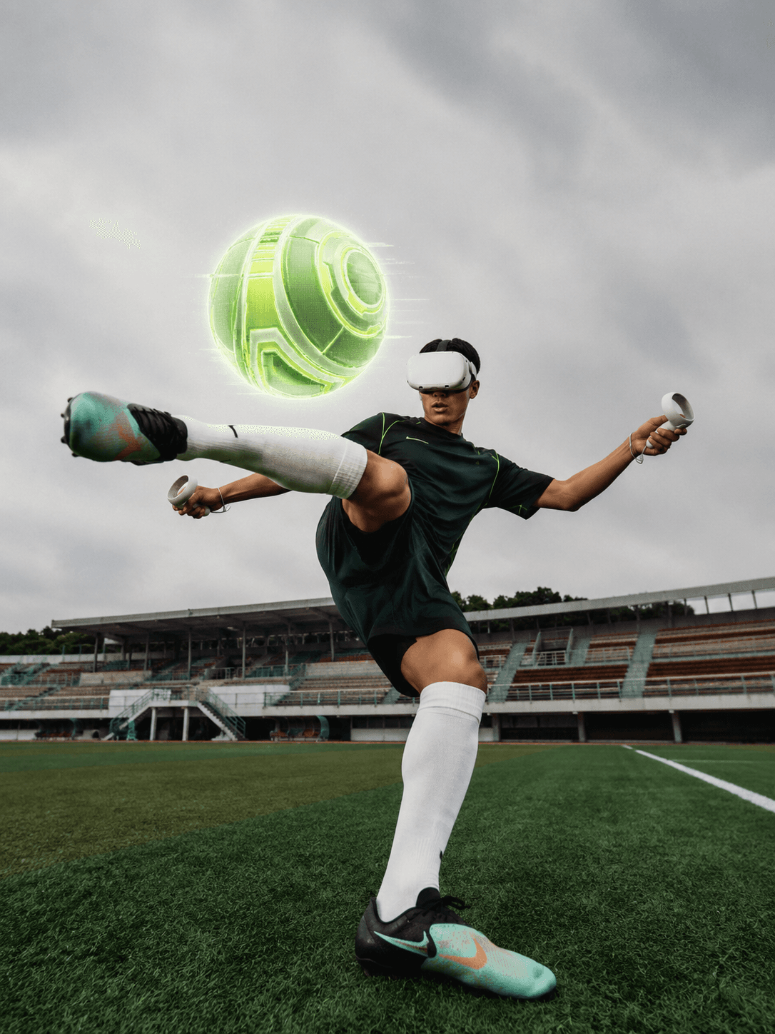 Player striking a glowing digital ball inside a stadium