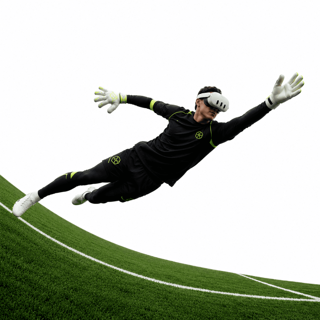 Goalkeeper diving to make a save while wearing a VR headset