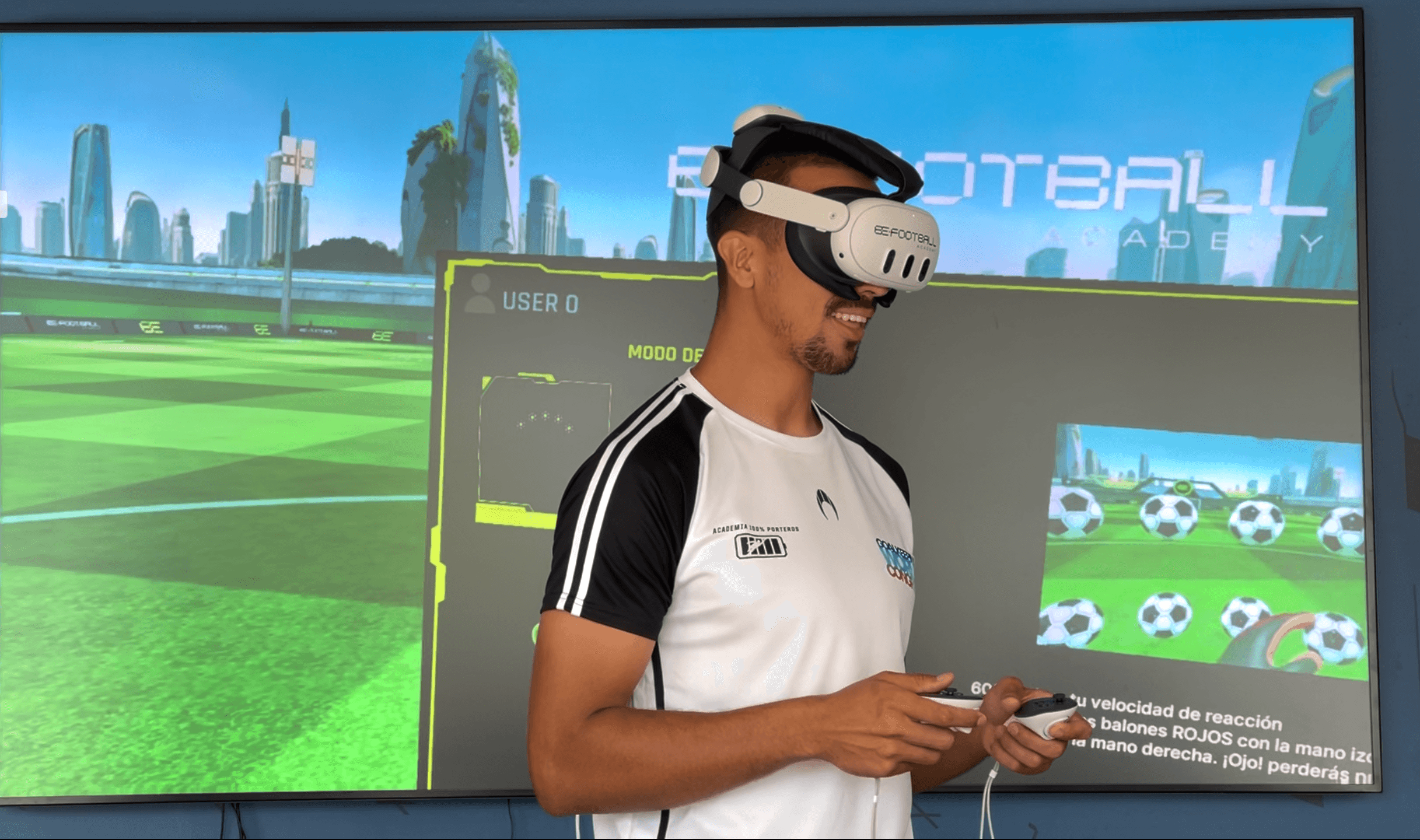 Player wearing VR headset in a football training environment