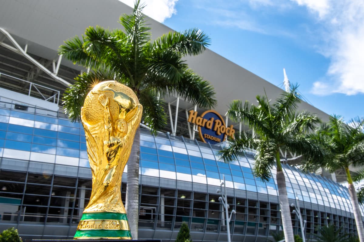 Hard Rock Stadium in Miami with FIFA World Cup trophy